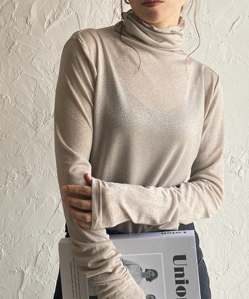 グリッターハイネックトップス She's Closet tシャツ メロウハイネック長袖グリッターラメ