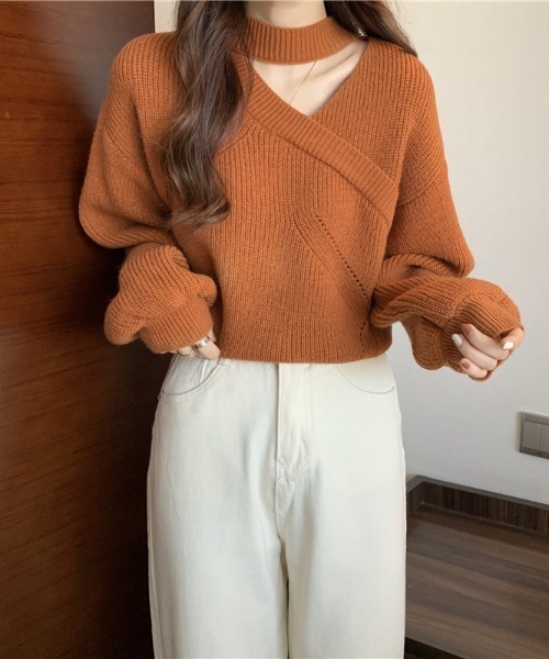 新品タグ付き Vネックニットトップス マチャット machatt セール】ダメージショートVネックニットトップス（ニット