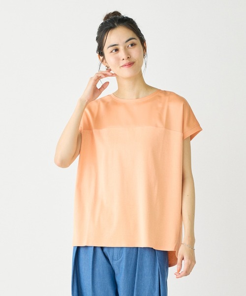 tシャツ サテン切り替えドルマンスリーブカットソー「スビン綿MIXフライス」 レディース