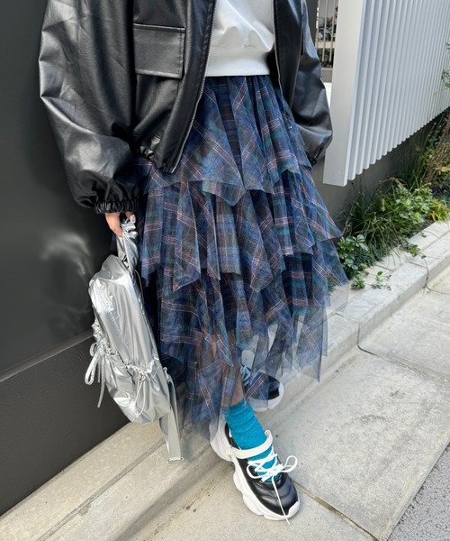SOLLON.（ソルロン） スカート チェック柄ティアードチュールスカート