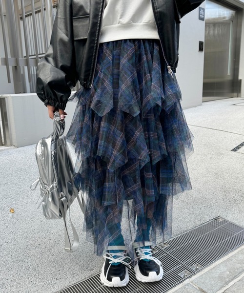SOLLON.（ソルロン） スカート チェック柄ティアードチュールスカート