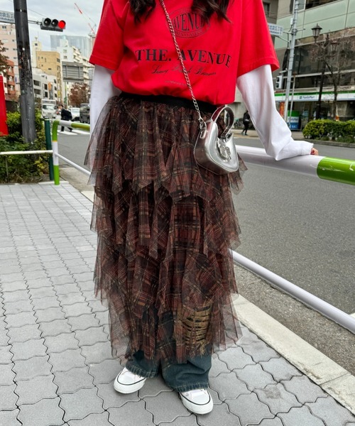 SOLLON.（ソルロン） スカート チェック柄ティアードチュールスカート
