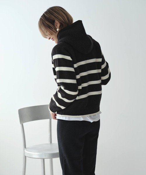 Mia ニット セーター フードSetボーダーニットプルオーバー レディース