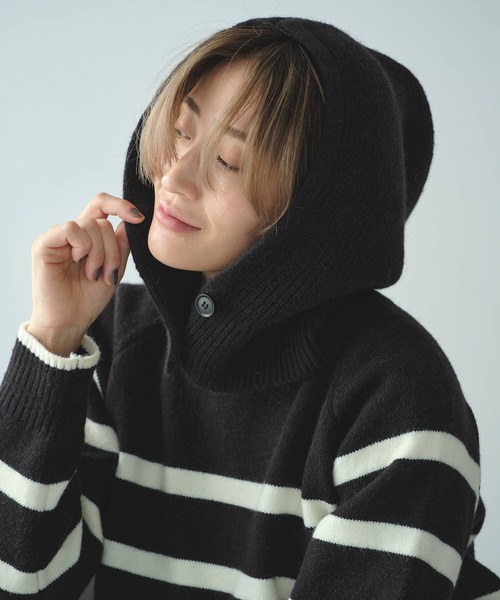 Mia ニット セーター フードSetボーダーニットプルオーバー レディース