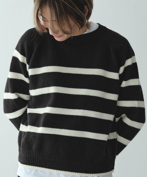 Mia ニット セーター フードSetボーダーニットプルオーバー レディース