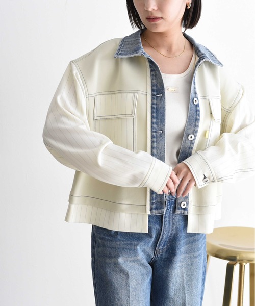 Eimee Law コート アウター デニムトリム ダンボール＆ストライプ 