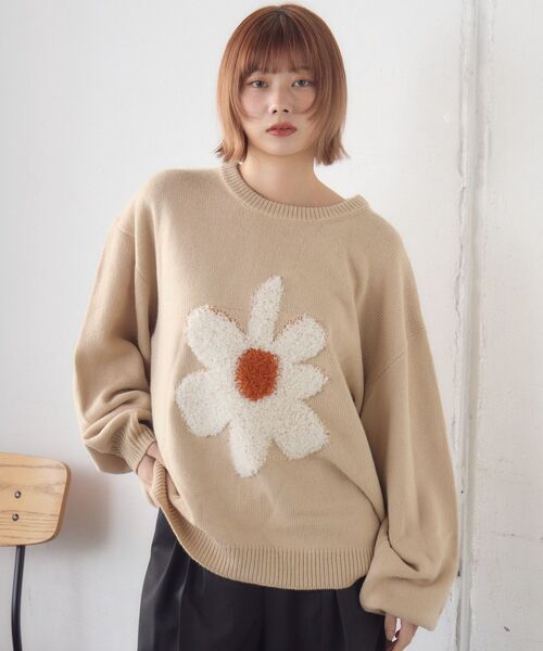 ニット セーター レトロフラワーニットトップス レディース RETROGIRL ニット セーター ループ刺繍フラワーニット