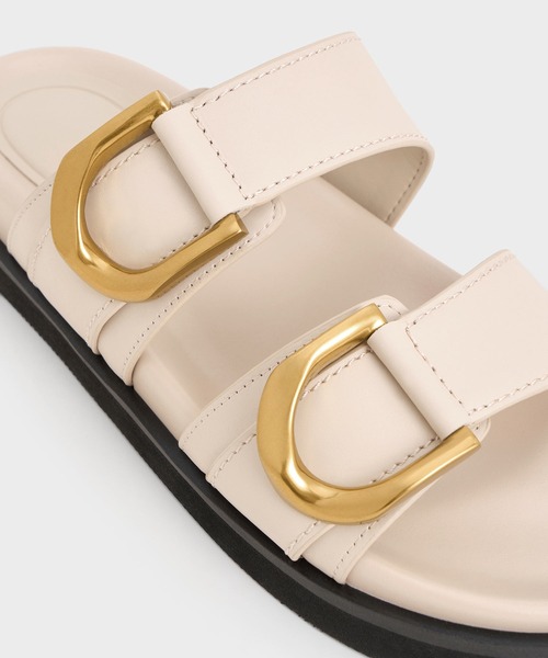 CHARLES & KEITH◆Gabine バックル レザー スライド◆送料込 CHARLES ＆ KEITH サンダル Gabine ガビーヌ バックルレザー