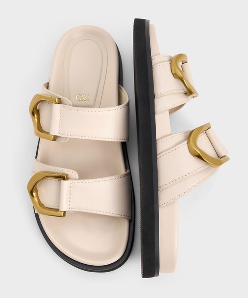 CHARLES & KEITH◆Gabine バックル レザー スライド◆送料込 CHARLES & KEITH サンダル Gabine ガビーヌ バックルレザー