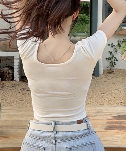 tシャツ Uネック フロントレタリングロゴプリント ショート丈ピチT レディース | lilful | 19