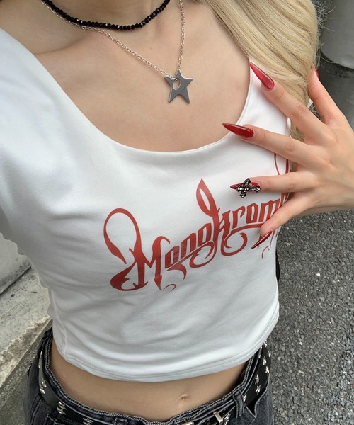 tシャツ Uネック フロントレタリングロゴプリント ショート丈ピチT レディース | lilful | 10