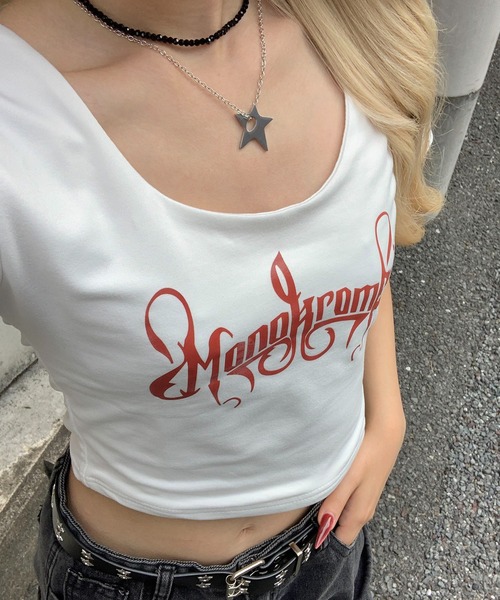 tシャツ Uネック フロントレタリングロゴプリント ショート丈ピチT レディース | lilful | 06