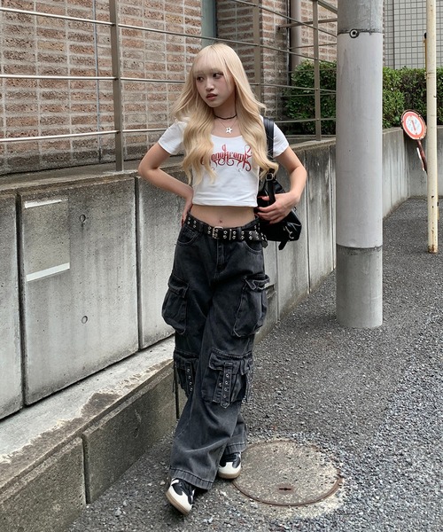 tシャツ Uネック フロントレタリングロゴプリント ショート丈ピチT レディース | lilful | 09