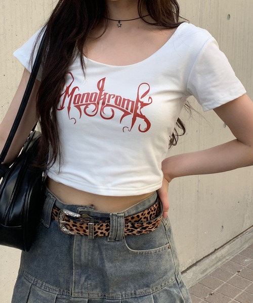 tシャツ Uネック フロントレタリングロゴプリント ショート丈ピチT レディース | lilful | 21