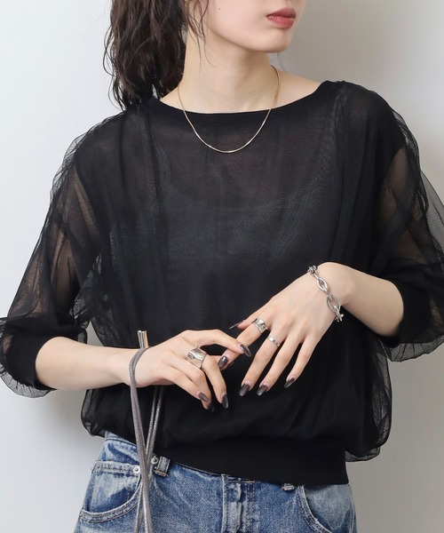 tシャツ Anna Nicola チュールドッキングシアーニット7分袖トップス レディース