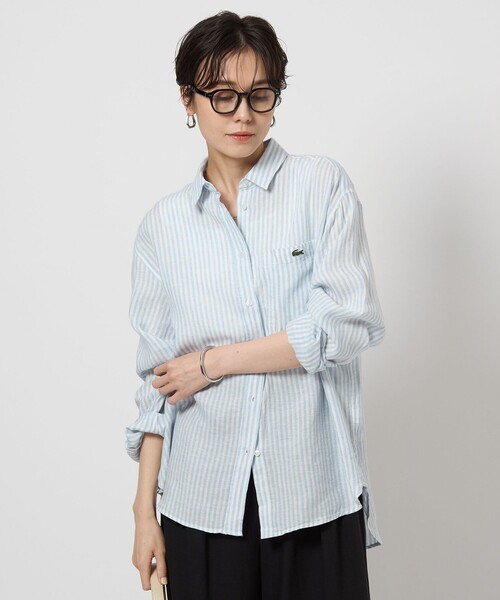 ラコステ LACOSTE ノースリーブ シャツ エポレット ワニ バンドカラー 両胸フラップポケット 日本製 綿100% 40 ヘザーネイビー 売れ筋商品|||レディース LACOSTE ラコステ ノースリーブ シャツ エポレット ワニ バンド