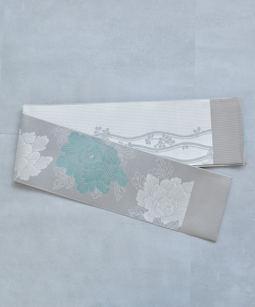帯単品 小袋帯 utatane 博多織 長尺 正絹 牡丹 アイスグレー×ミント 日本製 レディースの画像
