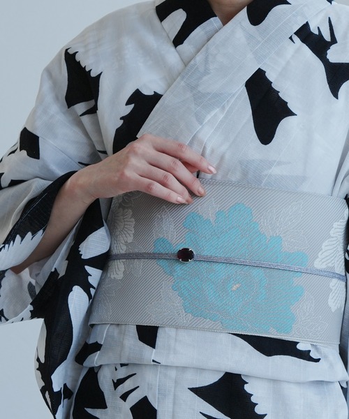 帯単品 小袋帯 utatane 博多織 長尺 正絹 牡丹 アイスグレー×ミント 日本製 レディースの画像