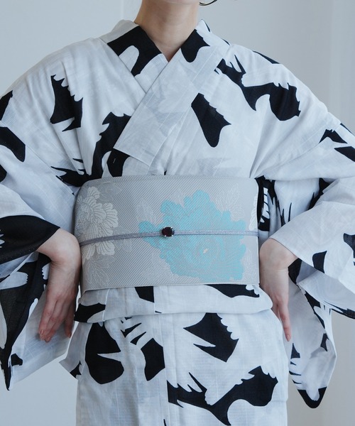帯単品 小袋帯 utatane 博多織 長尺 正絹 牡丹 アイスグレー×ミント 日本製 レディースの画像