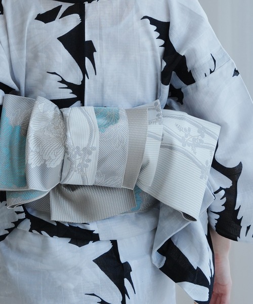 帯単品 小袋帯 utatane 博多織 長尺 正絹 牡丹 アイスグレー×ミント 日本製 レディースの画像