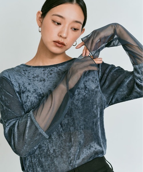 tシャツ スリーブ 切り替え メッシュ ベロア トップス レディース