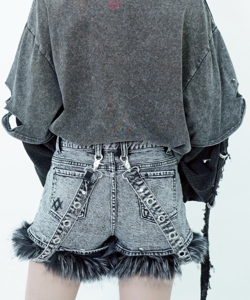 め*ぅ様 REFLEM【レフレム】ファー付デニムショーツ グレー REFLEM（レフレム） ジーンズ デニム デニムパンツ 「REFLEM/レフレム