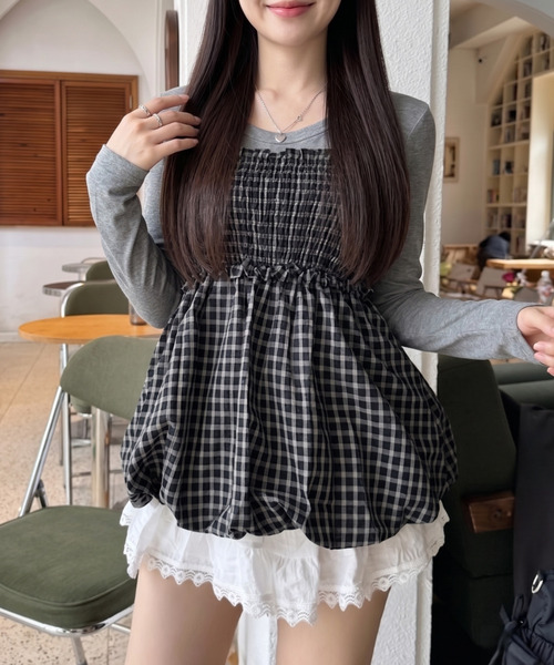 Ada. キャミソール リボンデザイン シャーリング チェック