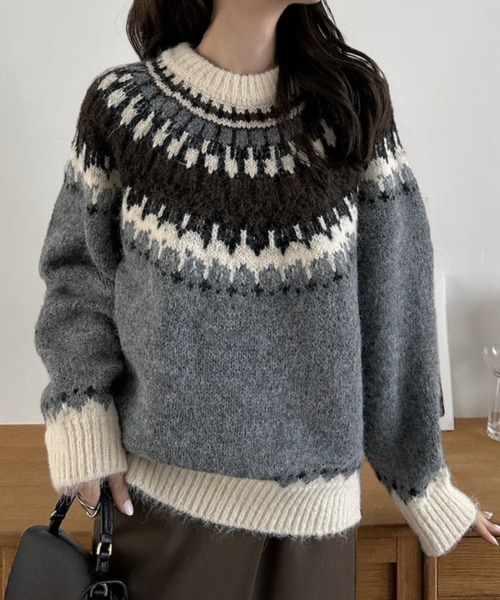 Eclat one ニット セーター 「Eclat one」ノルディック柄 クルーネック