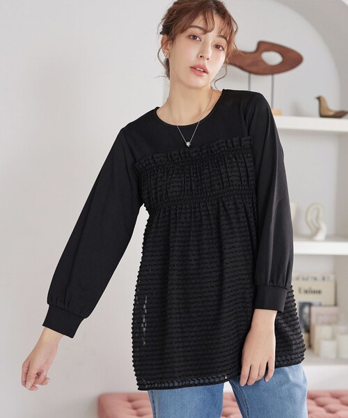 Tiaclasse tシャツ ポンチ×ジャガードドッキングチュニック レディース