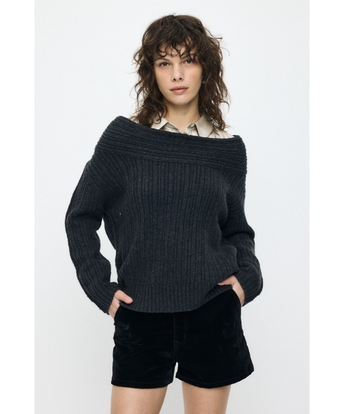 ネイビー オフショルダー セーター moussy MOUSSY（マウジー） ニット セーター OVER RIB オフショルダー