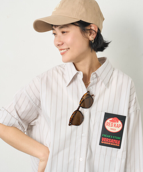 ブラウス シャツ RED KAP × FREAK'S STORE/レッドキャップ 別注 ストライプバックリボン半袖シャツ レディースの画像