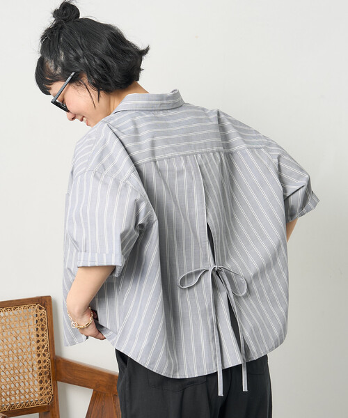 HER. ハー　バックリボンブラウス　シャツ　グレー　F　ゆったり FREAK'S STORE（フリークスストア） ブラウス シャツ RED KAP