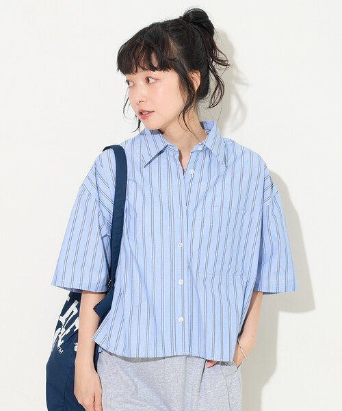 ブラウス シャツ RED KAP × FREAK'S STORE/レッドキャップ 別注 ストライプバックリボン半袖シャツ レディースの画像