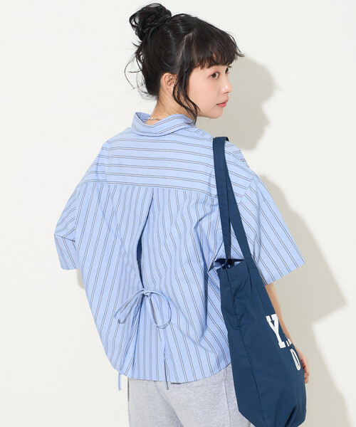 ブラウス シャツ RED KAP × FREAK'S STORE/レッドキャップ 別注 ストライプバックリボン半袖シャツ レディースの画像