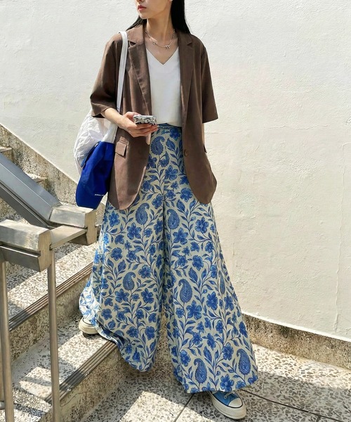ワイドパンツ パンツ 花柄  ワイドロングパンツ レディースの画像