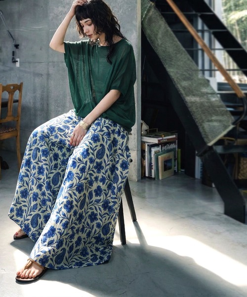 ワイドパンツ パンツ 花柄  ワイドロングパンツ レディースの画像