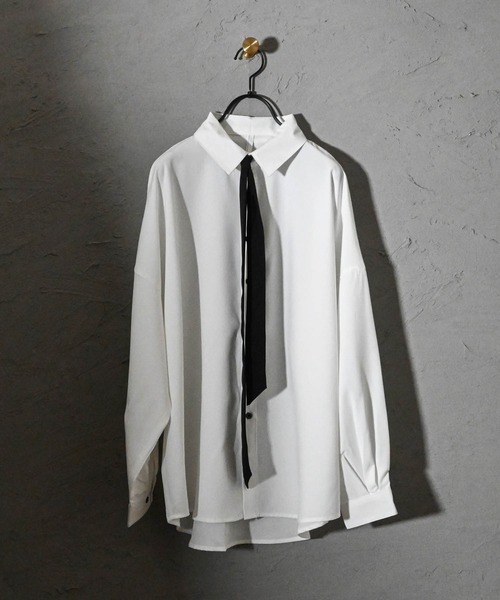 メンズ ネクタイ付きシャツ 色落ち加工 肩落ち T02965 シャツ ポリストレッチ ネクタイ付き LSシャツ メンズ