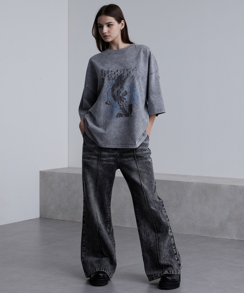 ツーピース Tシャツ フレアパンツ ハイウエスト ルーズシャツ LILL ジーンズ ドレープ/デニムルーズシルエットハイウエスト