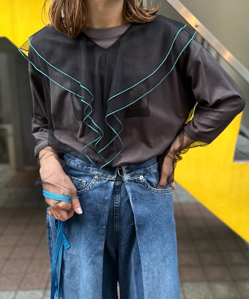 mi via loca ブラウス シャツ シアー配色ステッチチュールフリル