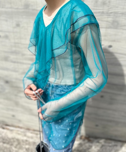 ブラウス シャツ ステッチ配色フリルカラーシアーブラウス レディース ステッチ配色フリルカラーシアーブラウス Eimee Law│Eimee Law