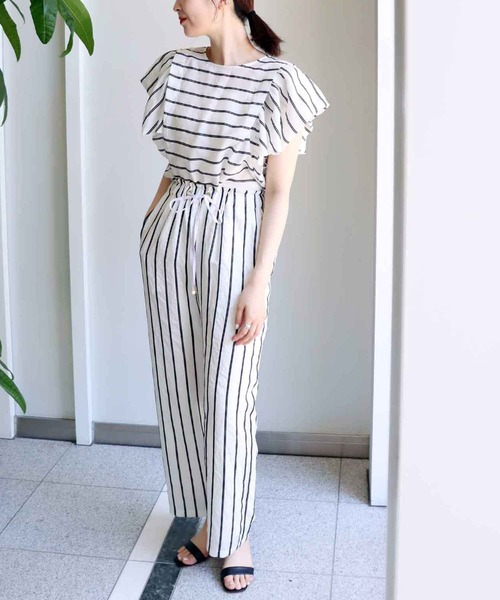 Jines パンツ ドビーボーダー イージーワイドパンツ レディース