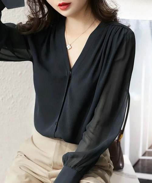 美品▲ebure エブール//シアーコットンVネックブラウス▲38 ブラック　黒 ebure - 美品△ebure エブール//シアーコットンVネックブラウス△38