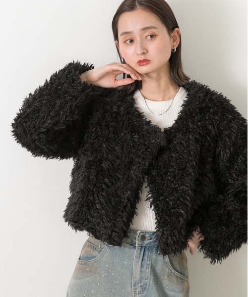 ad thie ジャケット ノーカラージャケット ショート丈 プードル