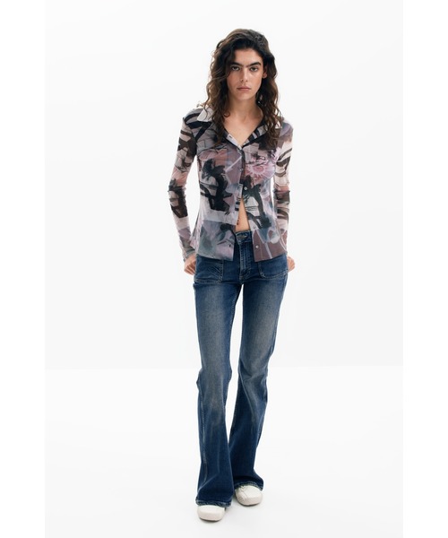 Desigual tシャツ ボタン付きチュールTシャツ レディース