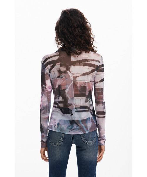 デシグアル Desigual ボタン付きチュールTシャツ （グレー/ブラック） デシグアル Desigual ボタン付きチュールTシャツ （グレー