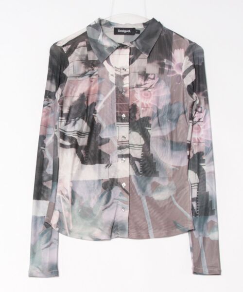 デシグアル Desigual ボタン付きチュールTシャツ （グレー/ブラック） デシグアル Desigual ボタン付きチュールTシャツ （グレー