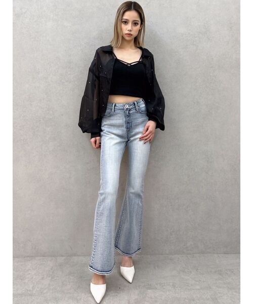 Good American デニム パンツ ボトム フリルウエスト 楽天市場】再入荷 ハイウエスト ストレッチ フレアデニムパンツ