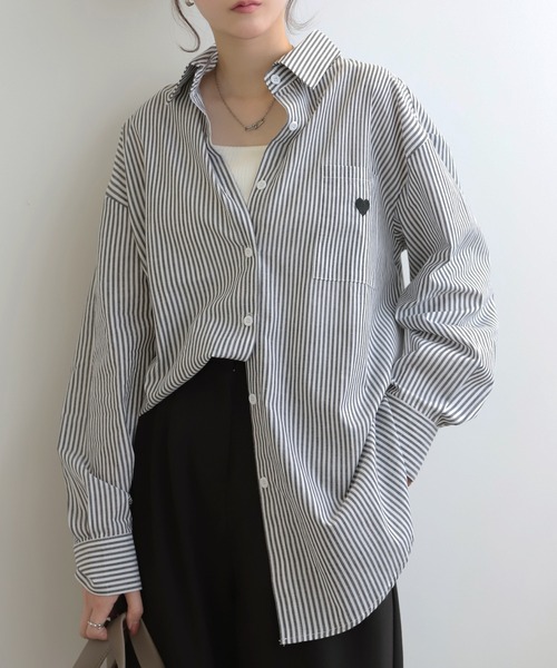 LUMIRA ブラウス シャツ ハート刺繍ロゴ ストライプシャツ レディース