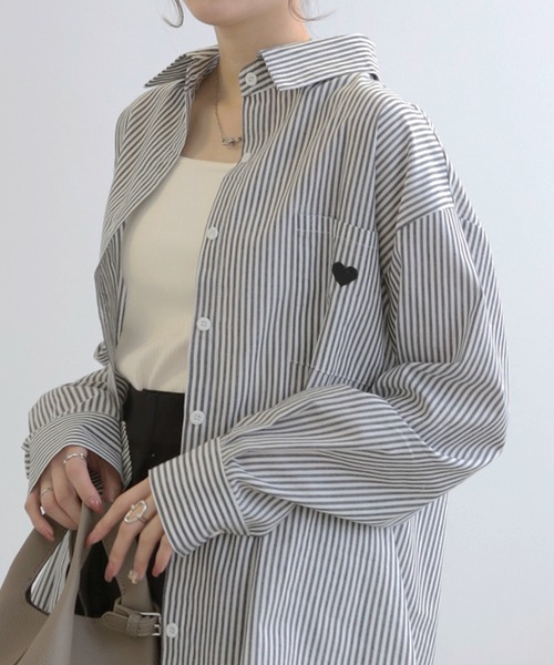 LUMIRA ブラウス シャツ ハート刺繍ロゴ ストライプシャツ レディース