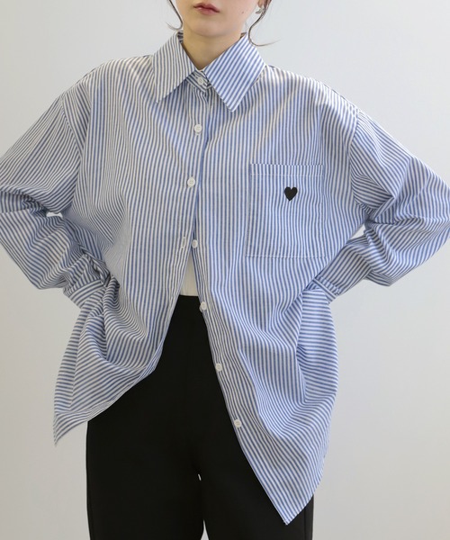 LUMIRA ブラウス シャツ ハート刺繍ロゴ ストライプシャツ レディース 